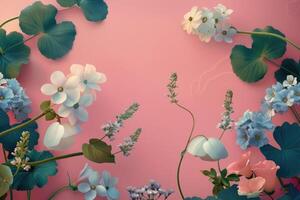 Pastel-Colored Flowers and Lush Green Leaves on a Pink Background photo