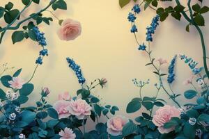 A Delicate Arrangement of Pink Roses and Blue Flowers with Green Foliage Against a Cream Background photo