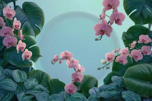 Pink Orchids and Lush Tropical Leaves Against a Light Blue Background photo