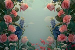 A Pastel Floral Frame with Pink Roses, Blue Delphiniums, and Green Foliage photo