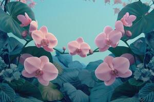Pink Orchids and Lush Green Tropical Foliage Against a Light Blue Background photo