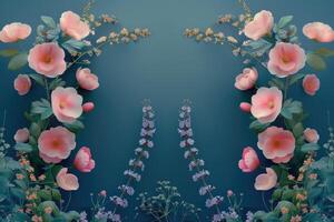 Delicate Pink Flowers and Buds on Teal Background photo