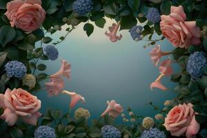 Floral Frame with Pink Roses and Blue Hydrangeas photo