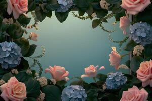 Floral Frame with Pink Roses, Blue Hydrangeas, and Greenery photo