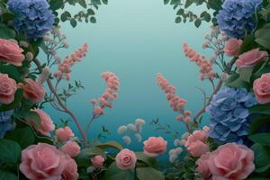 A Symmetrical Arrangement of Pink Roses, Blue Hydrangeas, and Green Foliage Against a Teal Background photo