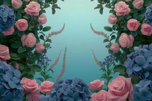 Floral Frame with Pink Roses and Blue Flowers photo