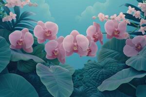 Pink Orchids and Lush Green Tropical Leaves Against a Teal Sky photo