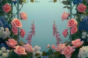 Pink Roses and Other Flowers Framed by Vines on a Blue Background photo