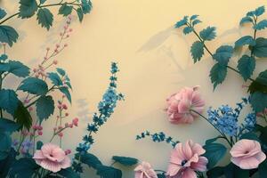 Pastel Pink and Blue Flowers with Green Leaves on a Yellow Background photo