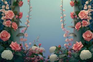 Pink Roses and Flowers Adorn Classic Columns Against a Blue Sky photo