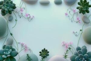 Green Succulents and Delicate Pink Flowers Arranged on a White Background photo