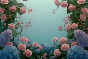 Pink Roses and Blue Hydrangeas Frame a Turquoise Background photo