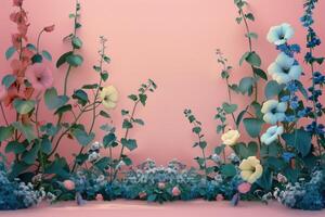 Pink and Blue Flowers with Green Vines Against a Pale Pink Wall photo
