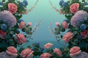 Pink Roses and Purple Hydrangeas with Green Leaves and Small White Flowers Against a Teal Background photo