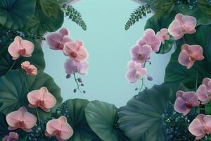 Pink Orchids and Lush Green Foliage Against a Light Blue Background photo