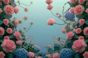 Pink Roses and Blue Hydrangeas Surrounded by Green Leaves on a Turquoise Background photo