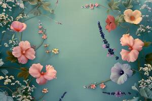 A Teal Background with a Floral Frame of Delicate Blooms photo