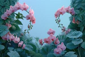 Pink Orchids and Lush Green Foliage Against a Light Blue Sky photo
