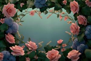 Floral Frame with Pink Roses, Blue Hydrangeas, and Green Leaves photo