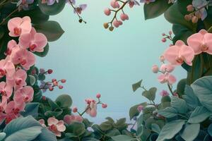 Pink Orchid Blooms Framed by Lush Green Leaves on a Blue Background photo
