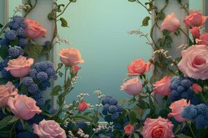 Delicate Pink Roses and Blue Flowers Frame a Light Green Background photo