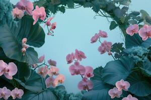 Pink Orchids and Lush Green Foliage Against a Blue Sky photo
