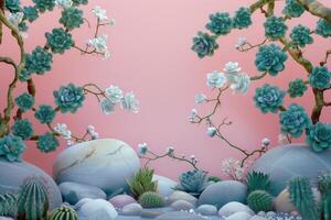 A Still Life Arrangement of Succulents, Flowers, and Stones Against a Pink Background photo