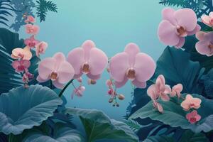 Pink Orchids and Lush Green Foliage Against a Blue Background photo