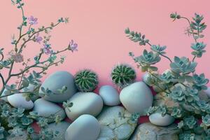 Succulents and Smooth Stones on a Pink Background photo