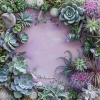 Succulent and Cactus Arrangement on Purple Background photo