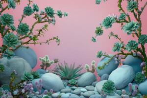 Succulents and Stones on Pink Background photo
