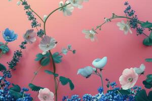 Delicate pastel flowers arranged on a pink background photo