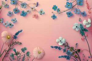 Pink and Blue Floral Arrangement on Pink Background photo