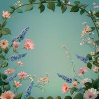Delicate Pink and Blue Flowers Surrounded by Lush Green Leaves on a Teal Background photo