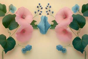 Symmetrical Floral Arrangement with Pink, Blue, and Green Elements photo