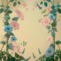 Floral Frame with Pink and Blue Flowers on Beige Background photo