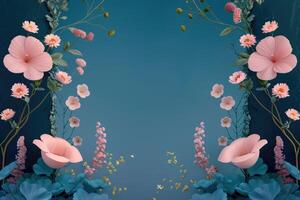 Pink Flowers and Teal Leaves Frame a Blue Background photo