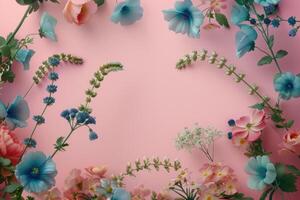 A Delicate Frame of Pastel Flowers on a Pink Background photo