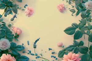 Pastel Pink Roses and Green Leaves on a Light Yellow Background photo