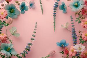 Floral Arrangement with Blue and Pink Flowers on Pink Background photo