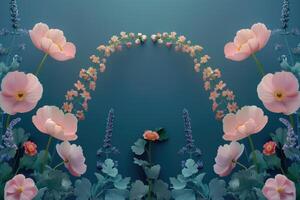 Pink Flowers and Lavender Sprays Form a Heart Shape on a Teal Background photo
