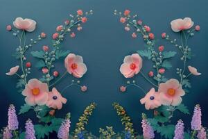 Symmetrical Floral Arrangement with Pink and Yellow Flowers on Teal Background photo