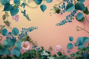 Pink and Blue Flowers with Green Leaves on a Peach Background photo
