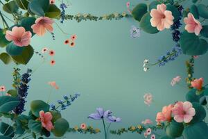 Floral Frame with Pink and Blue Flowers on a Teal Background photo