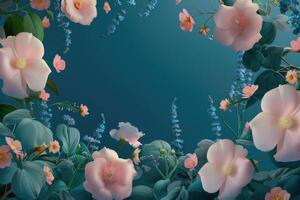 Delicate Pink Flowers with Blue Accents Against a Teal Background photo