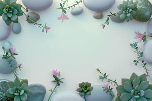 Green Succulents and Pink Flowers Arranged Around Stones on a White Background photo