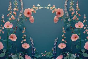 A Teal Background with Pink and Blue Flowers in a Mirrored Frame photo