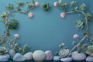 Succulents, Flowers, and Stones Arranged in a Heart Shape on a Blue Background photo