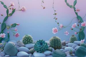 Pink Flowers, Succulents, and Rocks on a Blue Gradient Background photo
