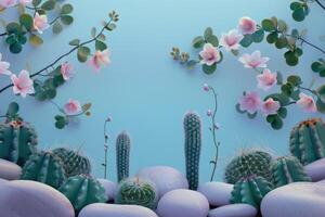 Pink Flowers, Cactus, and Rocks on a Light Blue Background photo